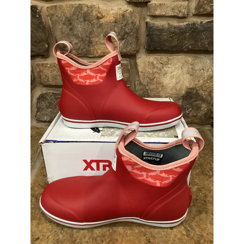 XTRATUF Salmon Sisters Womens 6in Ankle Deck Boots Red Womens Size 7 New - Picture 2 of 9